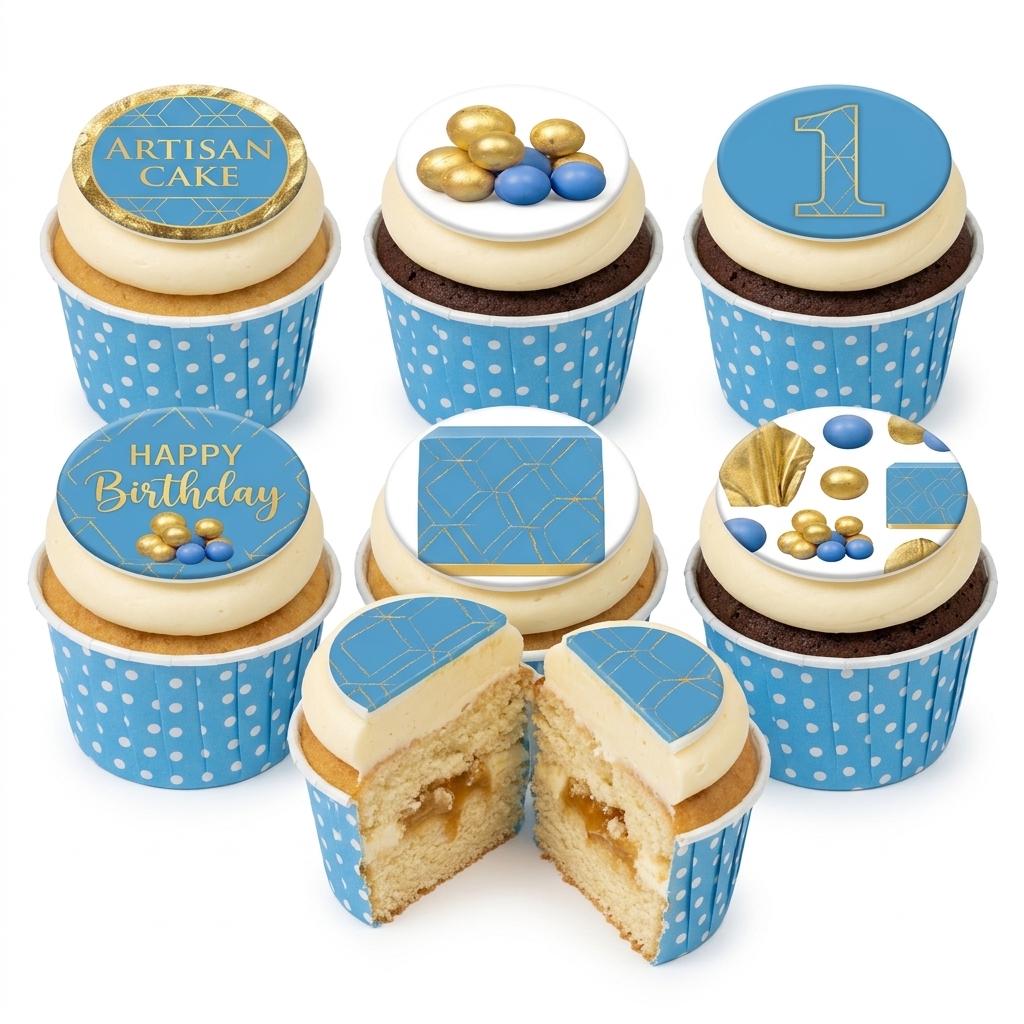 Blue and Gold Geometric Birthday Cupcakes