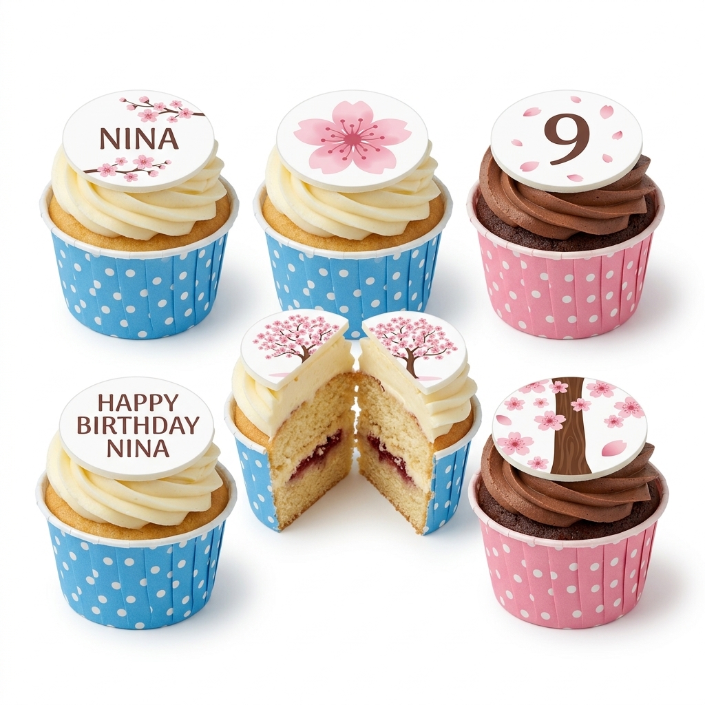 Cherry Blossom Birthday Cupcakes with Custom Toppers