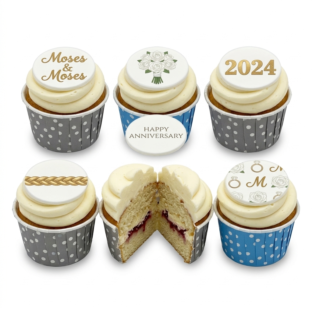 Elegant Anniversary Cupcakes with Personalised Toppers