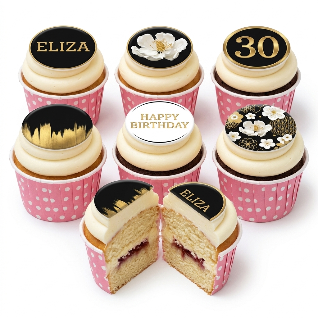 Elegant Black & Gold Floral Birthday Cupcakes for Her