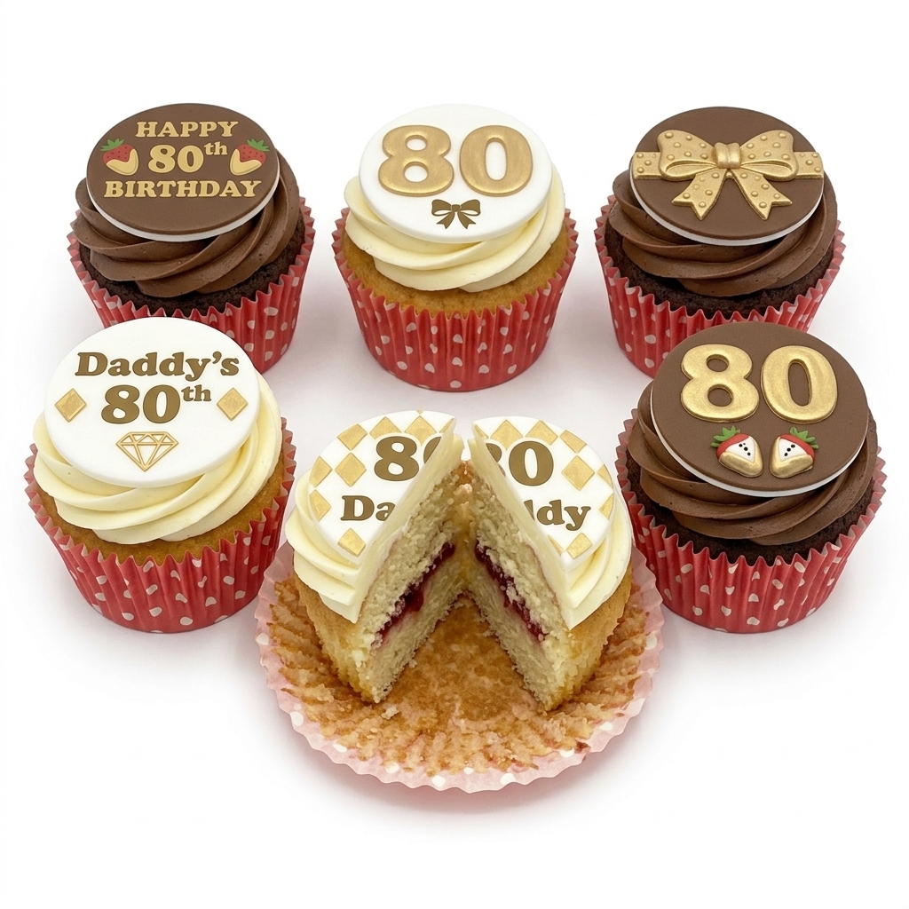 80th Birthday Cupcakes with Gold Accents