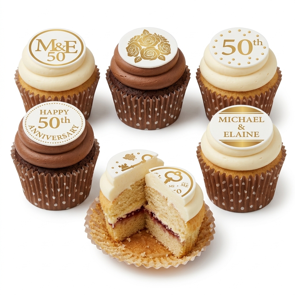 Golden 50th Anniversary Cupcakes with Personalised Toppers