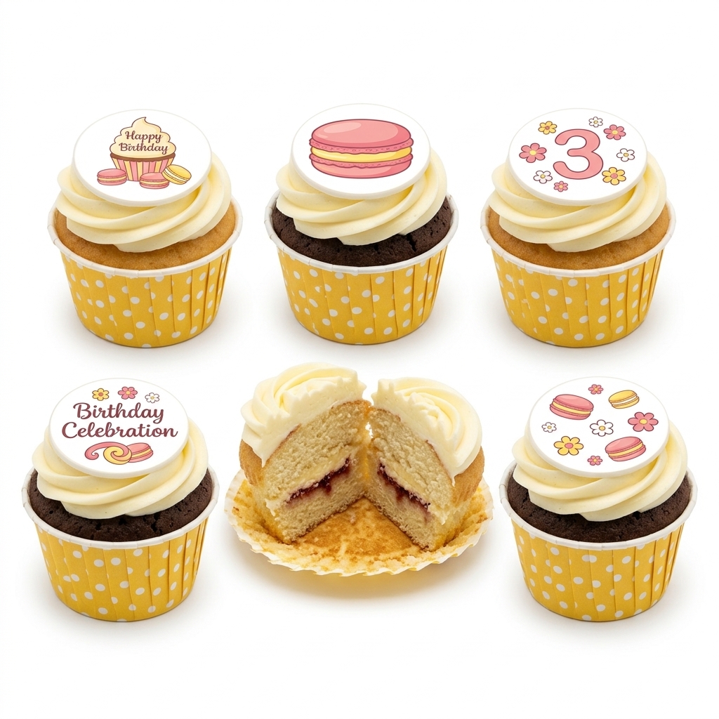 Macaron & Floral Birthday Cupcakes with Custom Age Topper