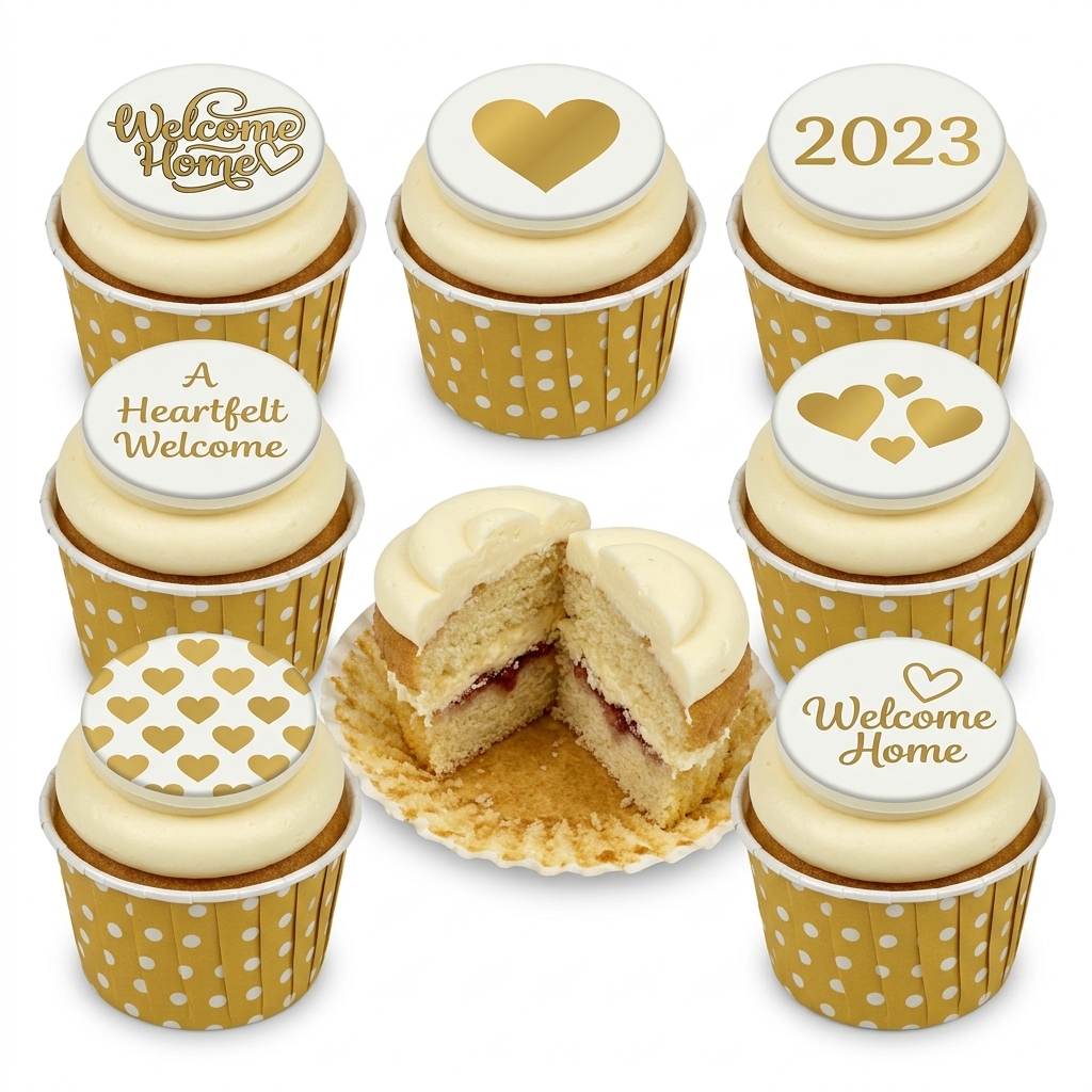 Gold & White Welcome Home Cupcakes with Heart Toppers