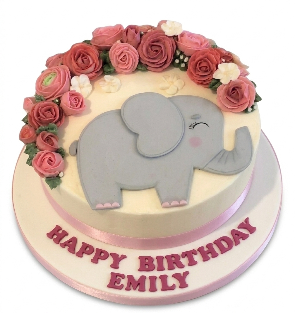 Elephant & Floral Birthday Cake for Girls
