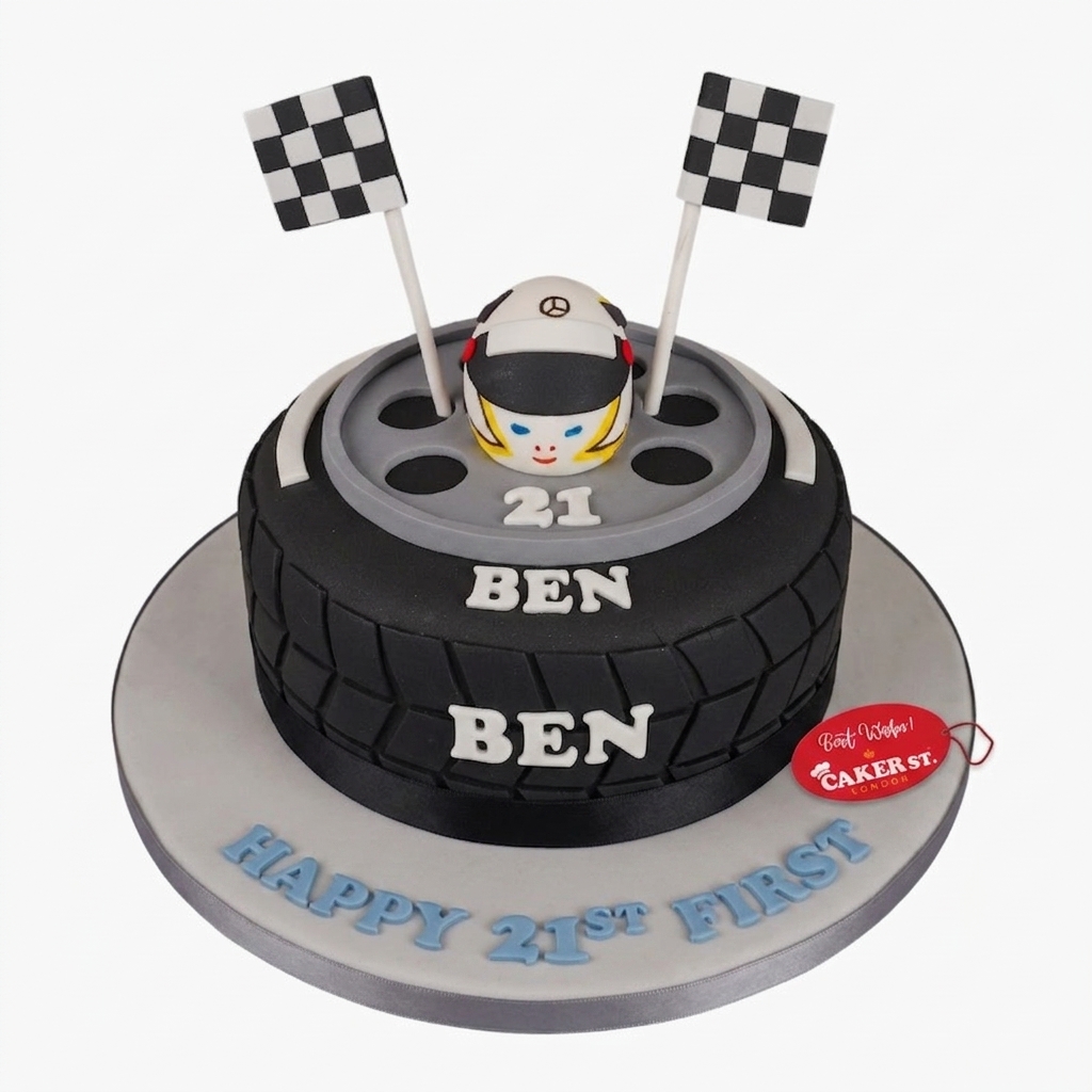 Racing Car Tyre Birthday Cake with Helmet & Flags