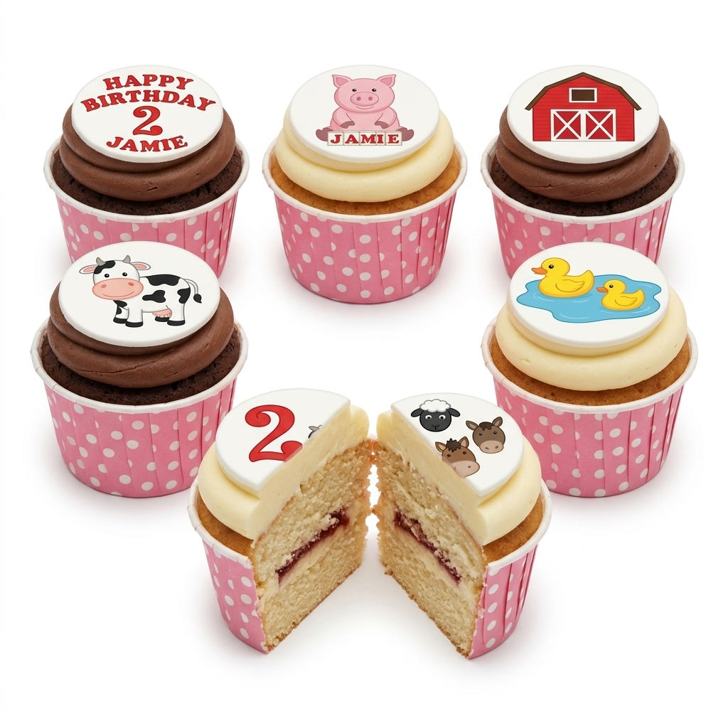 Farm Animal Birthday Cupcakes with Custom Age Toppers
