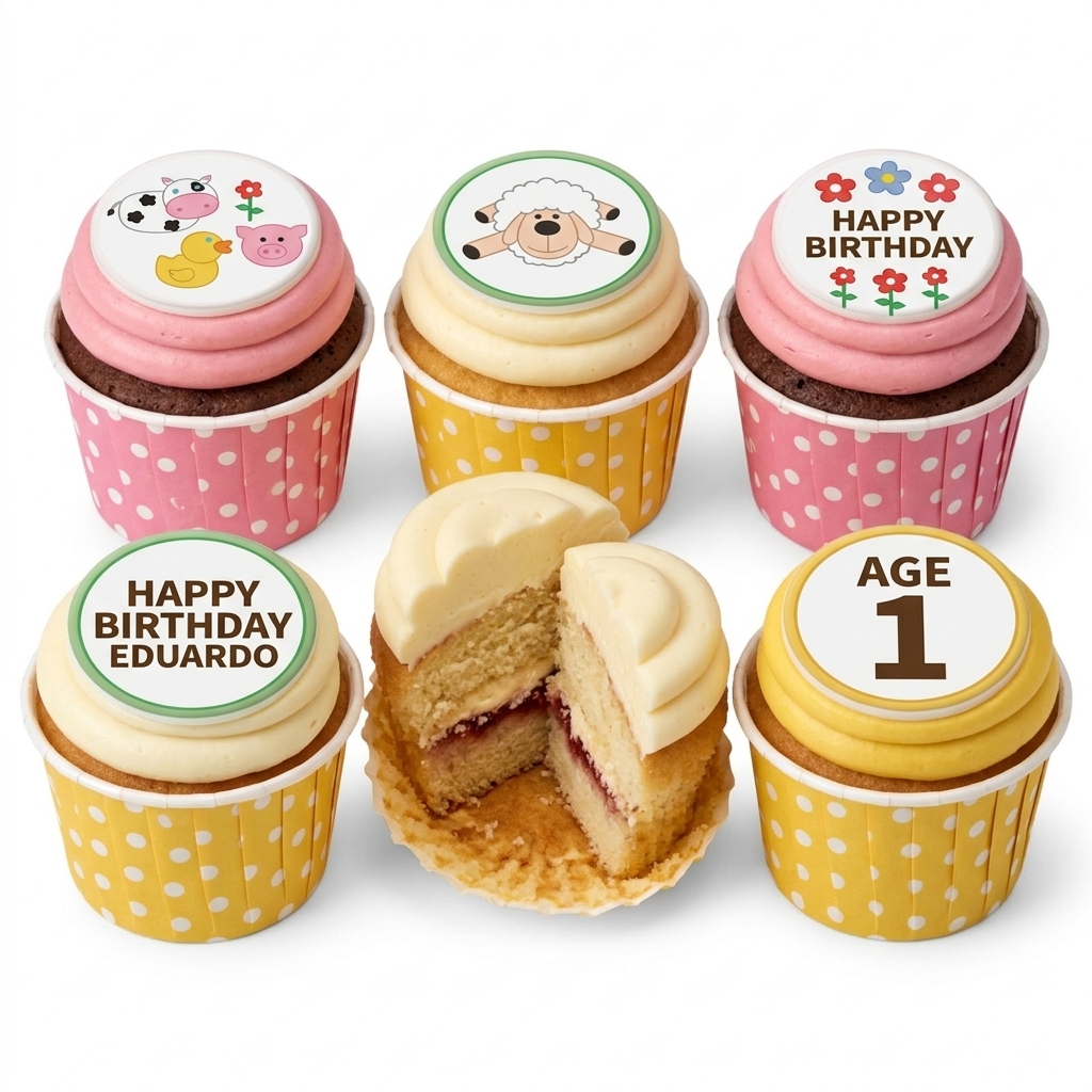 Farm Animal Birthday Cupcakes with Custom Toppers