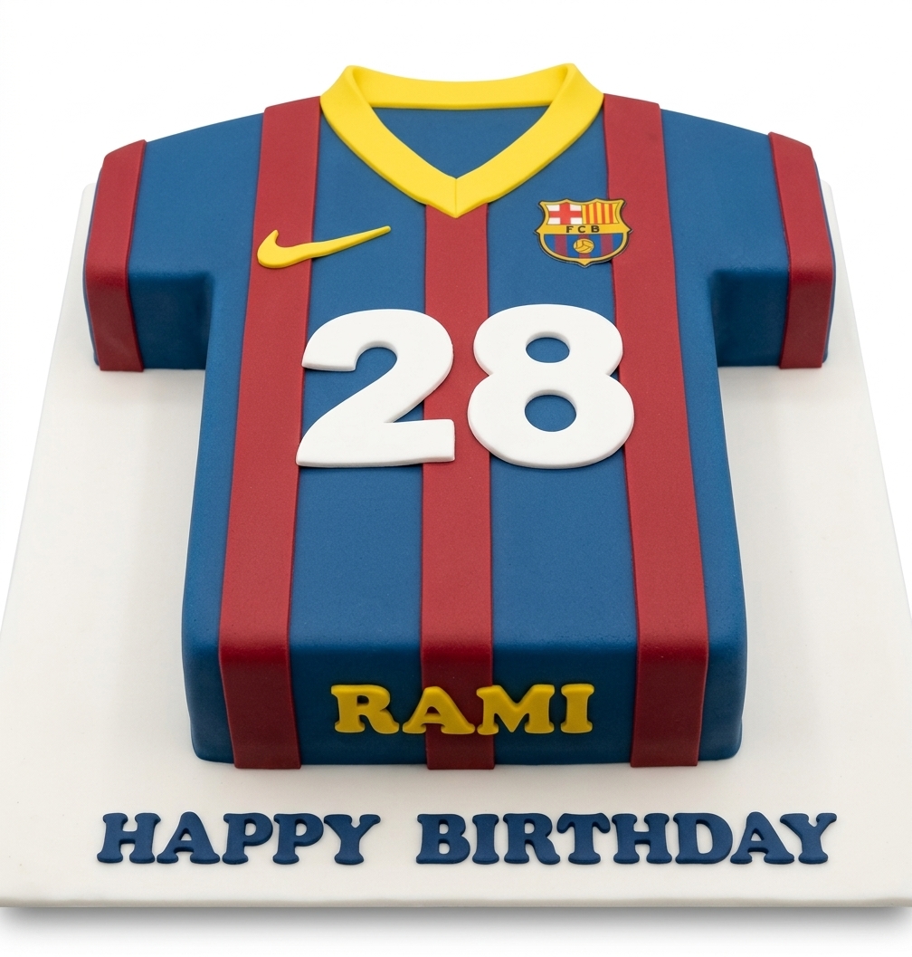 FC Barcelona Football Jersey Birthday Cake with Custom Age
