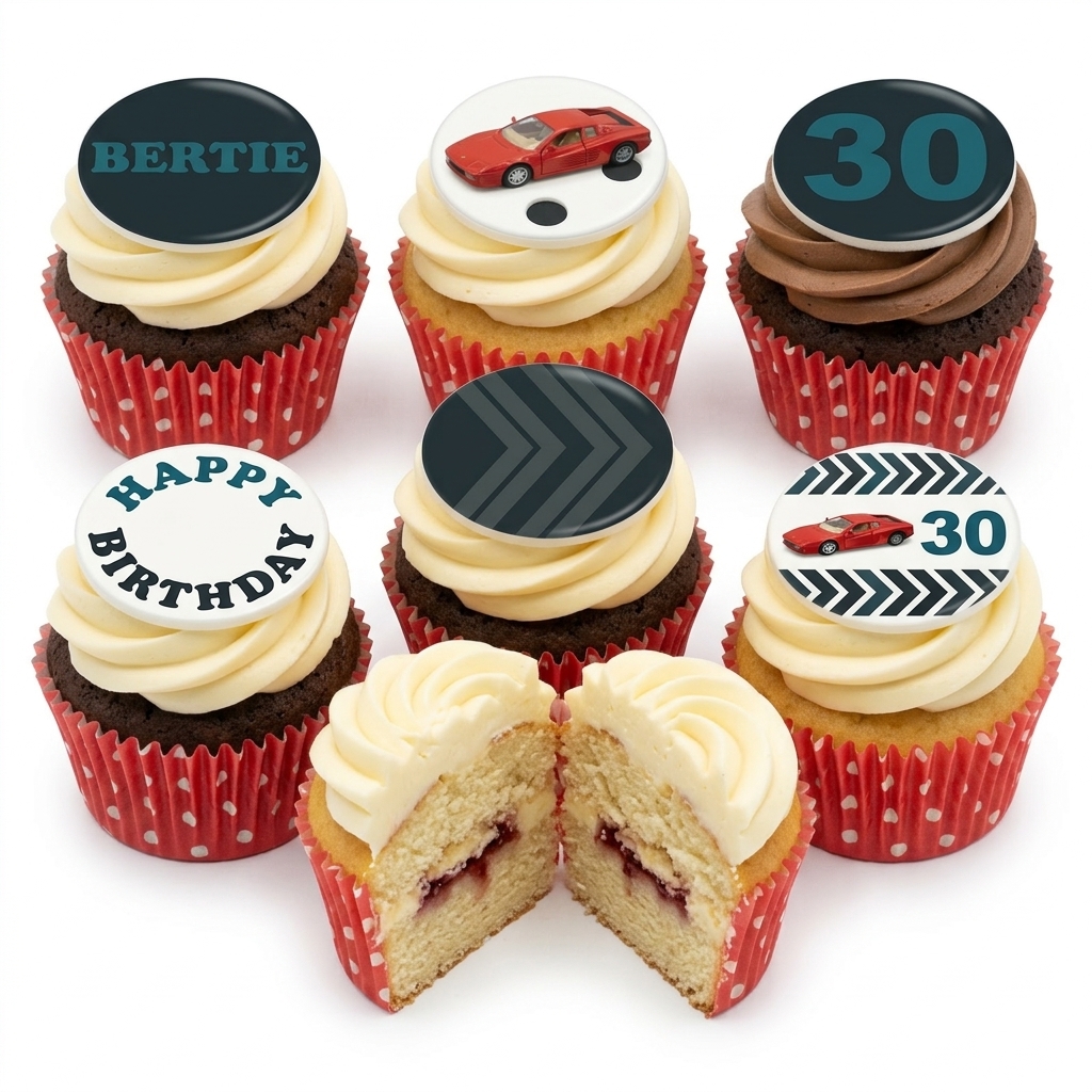 Sports Car Birthday Cupcakes with Custom Age Toppers