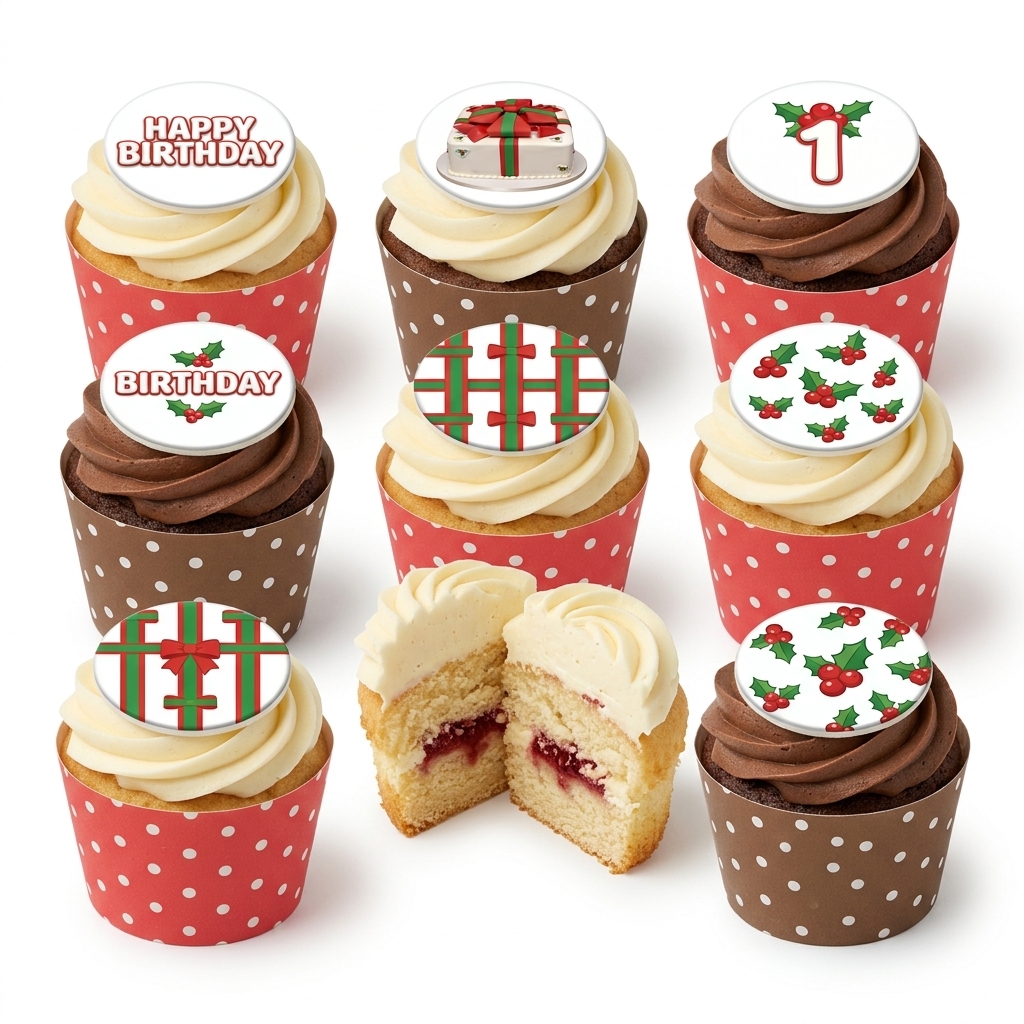 Christmas Birthday Cupcakes with Festive Toppers