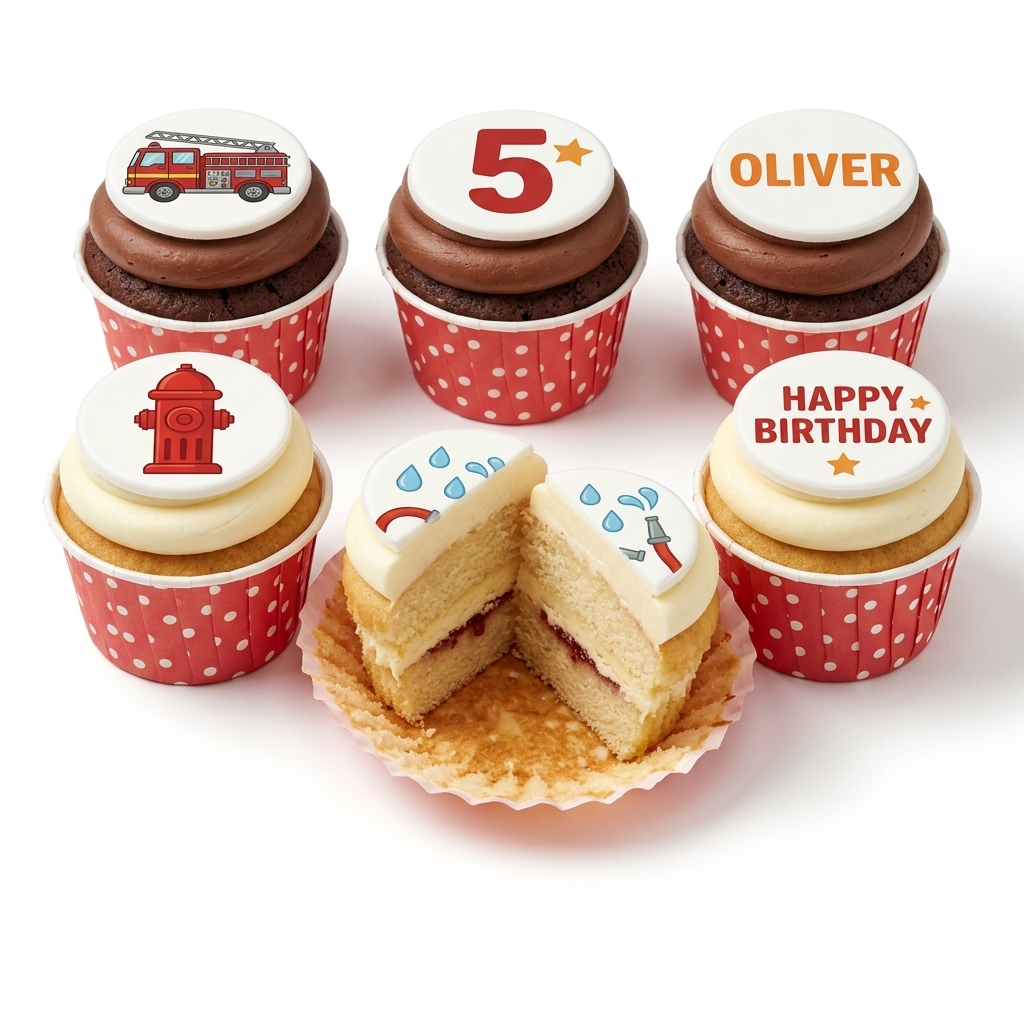 Fire Engine Birthday Cupcakes with Custom Age & Name