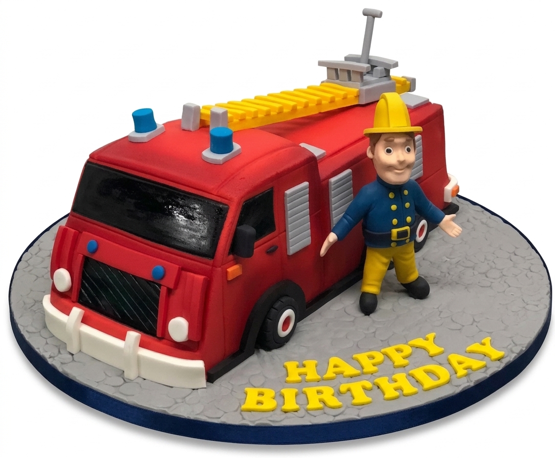 Fire Engine Birthday Cake with Fireman Character