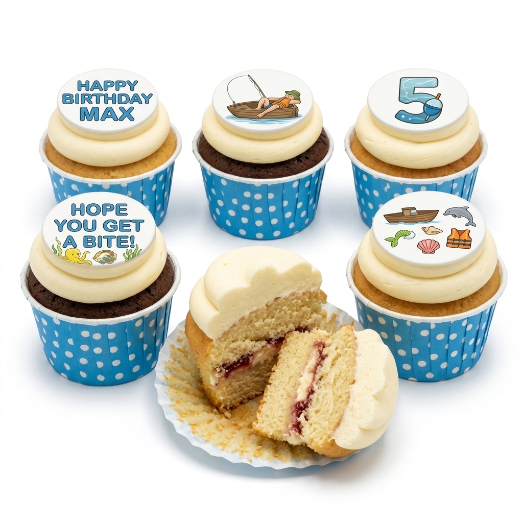 Fishing Theme Birthday Cupcakes with Custom Age Topper
