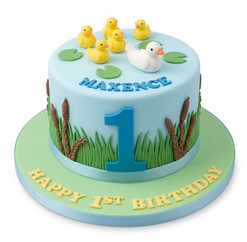 Cute Duck Pond 1st Birthday Cake