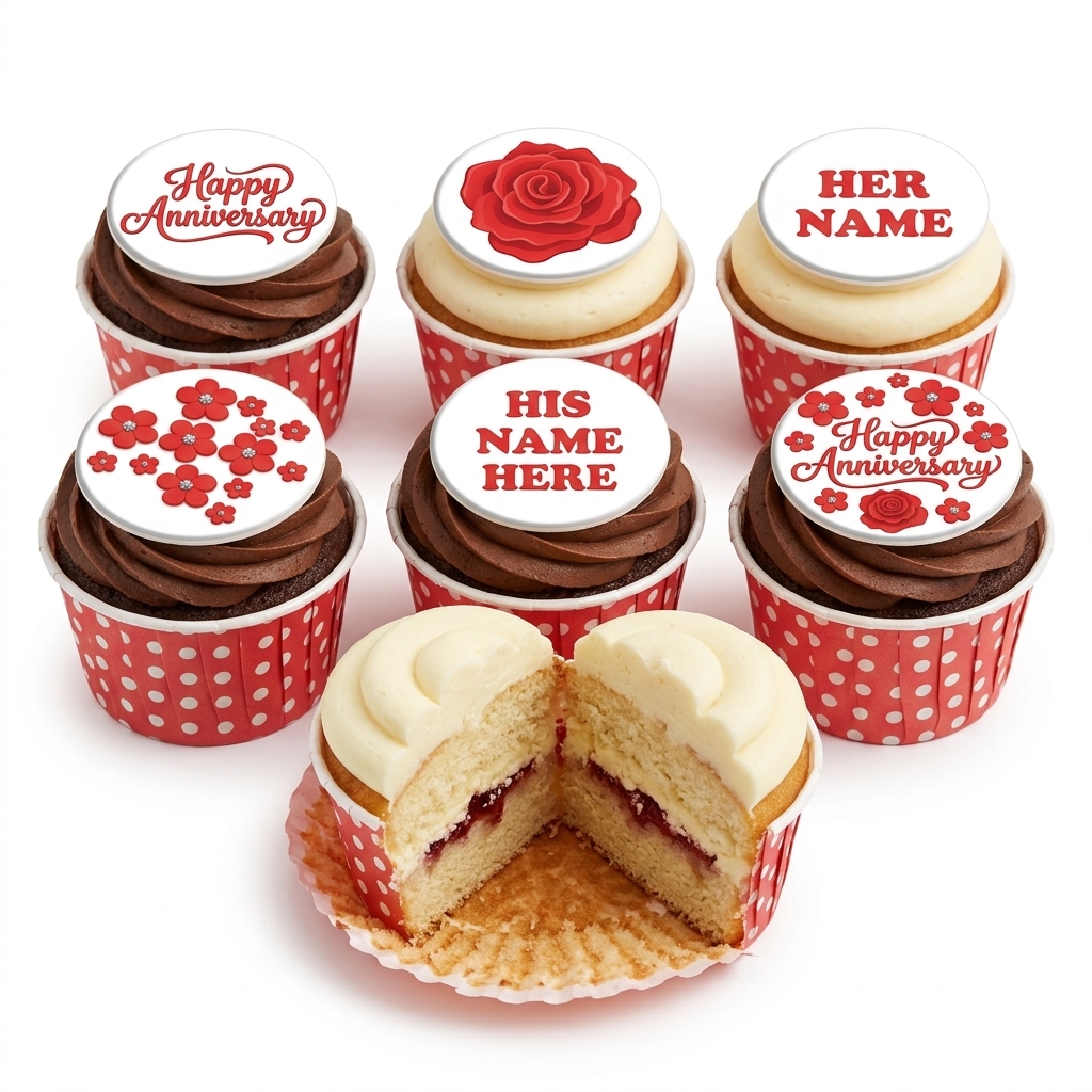 Personalised Anniversary Cupcakes with Floral Toppers