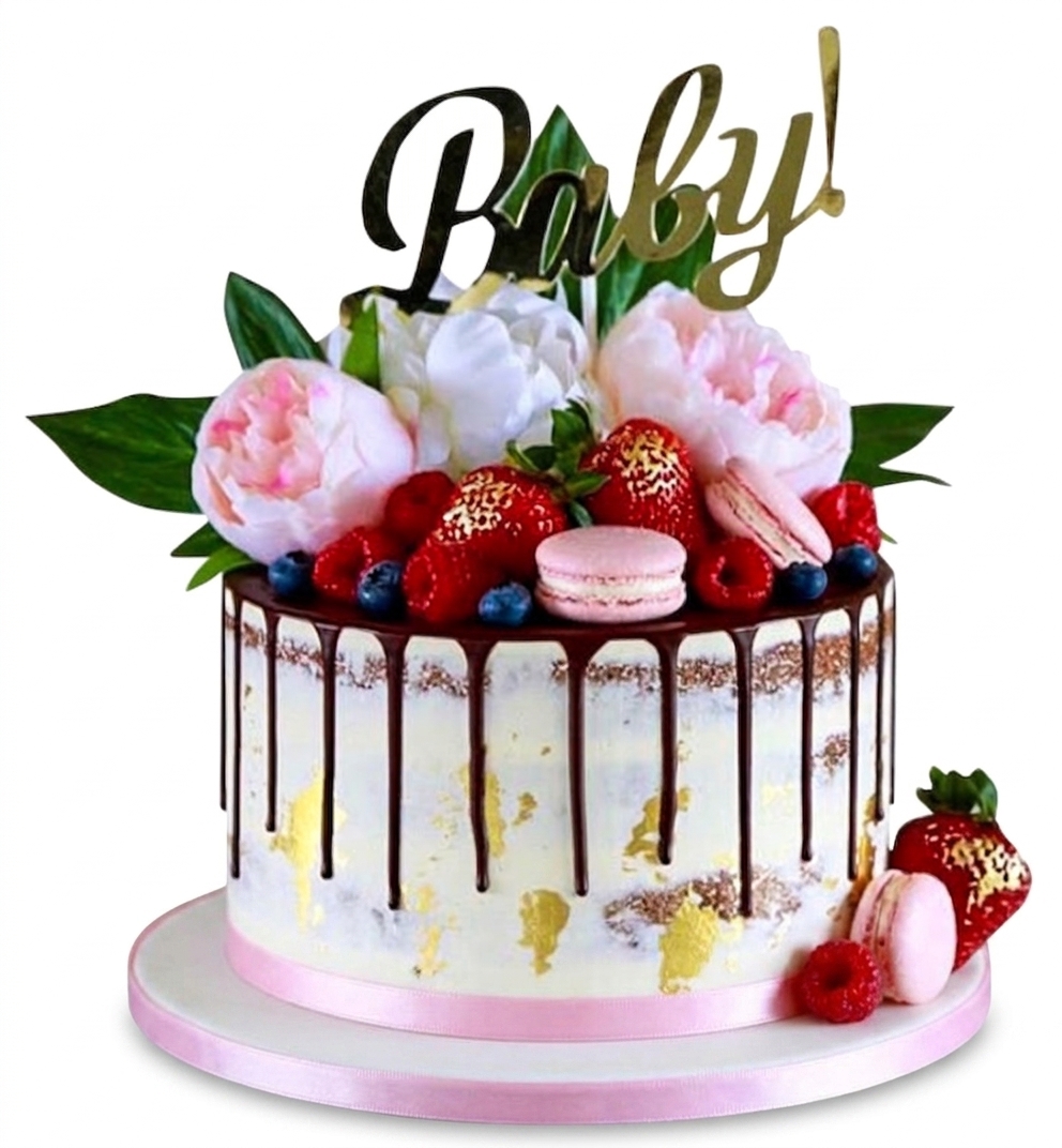 Baby Shower Drip Cake with Flowers & Berries
