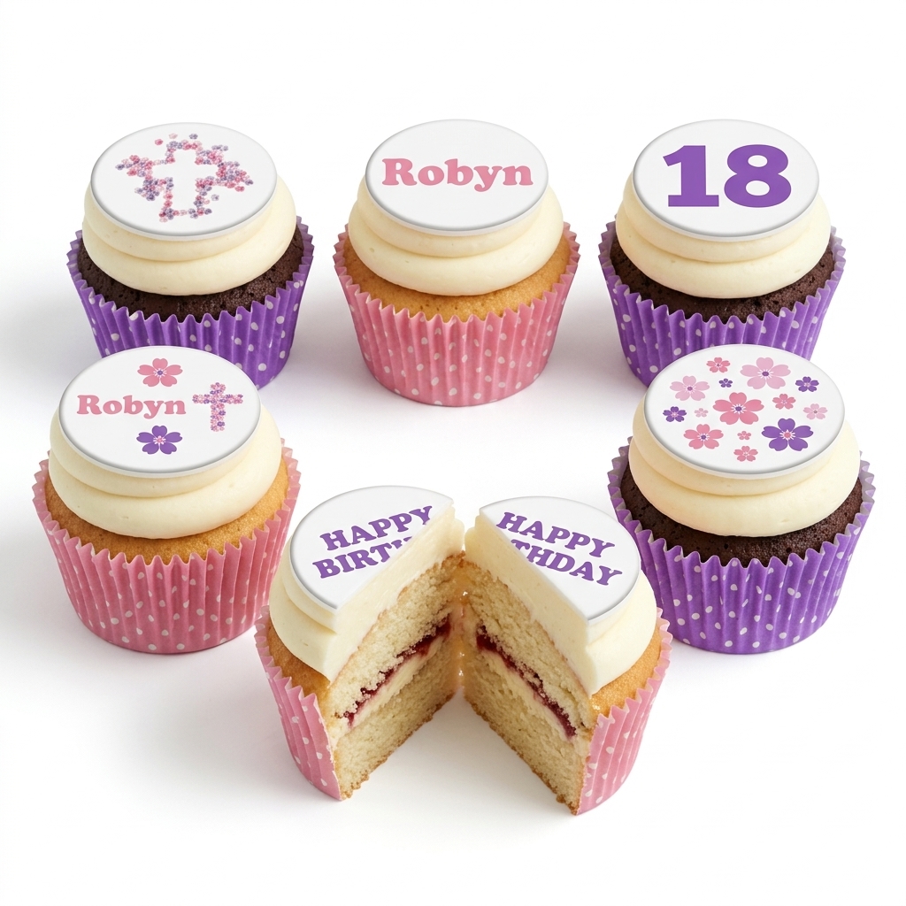 Floral Birthday Cupcakes with Custom Toppers
