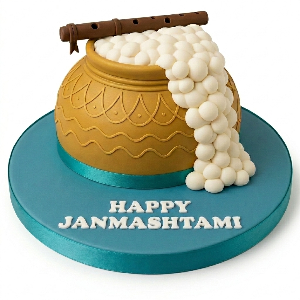 Janmashtami Cake with Traditional Pot & Flute Design