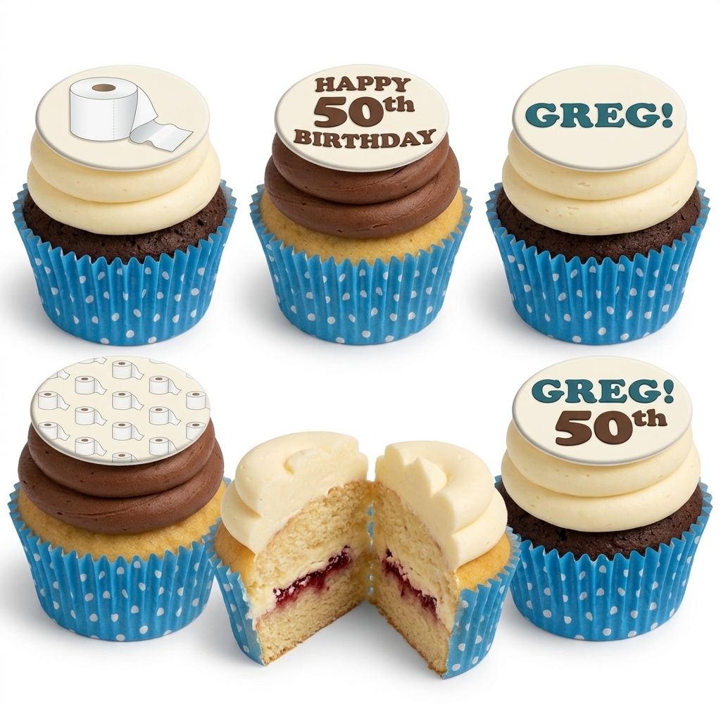 Funny Novelty Birthday Cupcakes for Him with Custom Toppers