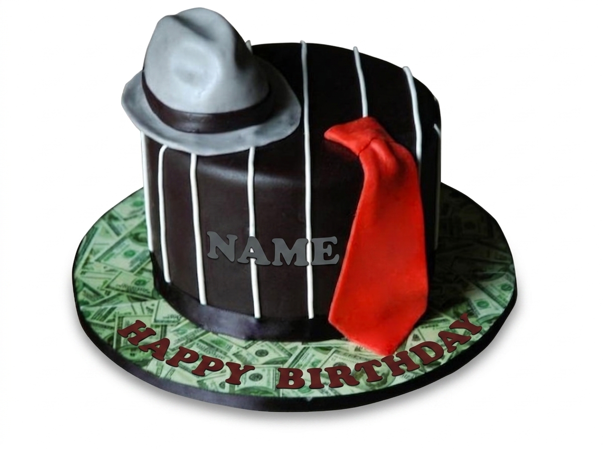 Gangster Theme Birthday Cake for Men with Fedora and Tie