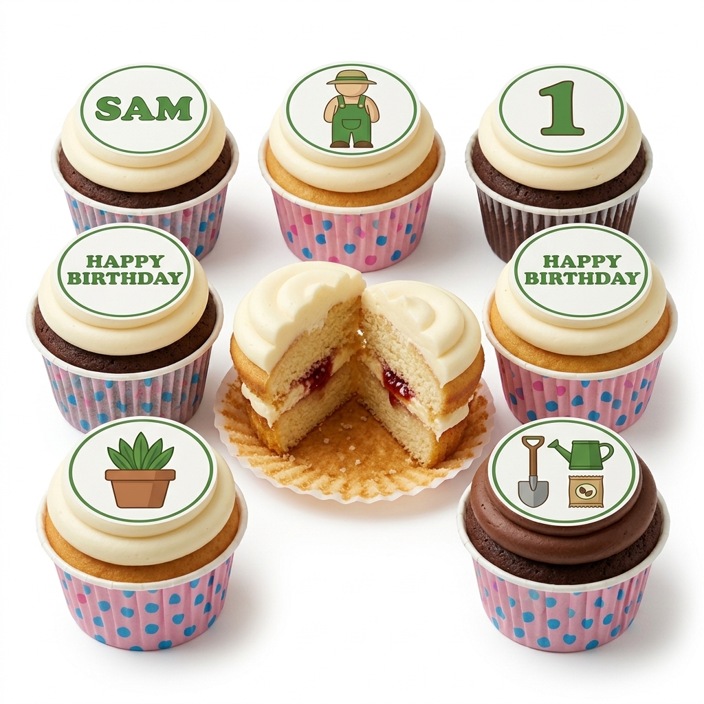 Gardening Theme Birthday Cupcakes with Custom Toppers