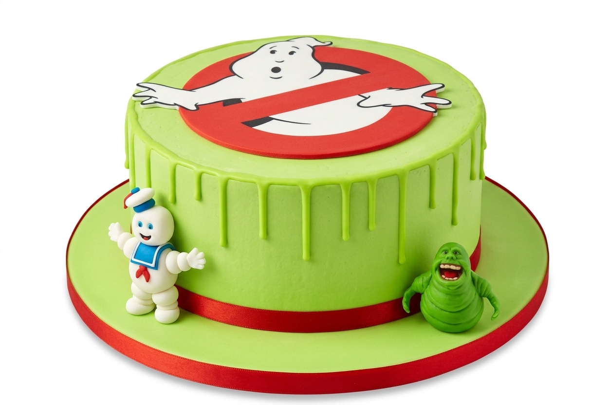Ghostbusters Birthday Cake with Slimer & Stay Puft