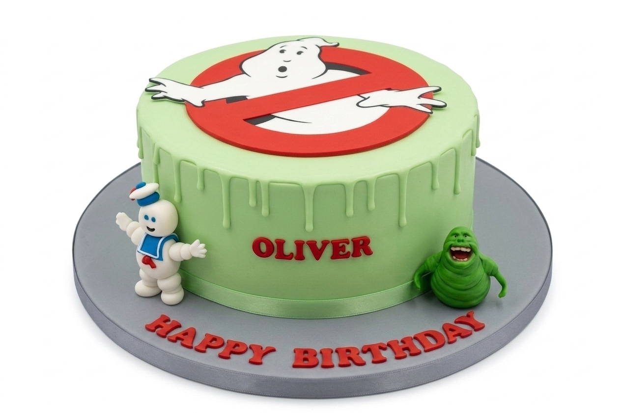 Ghostbusters Birthday Cake with Slimer & Stay Puft
