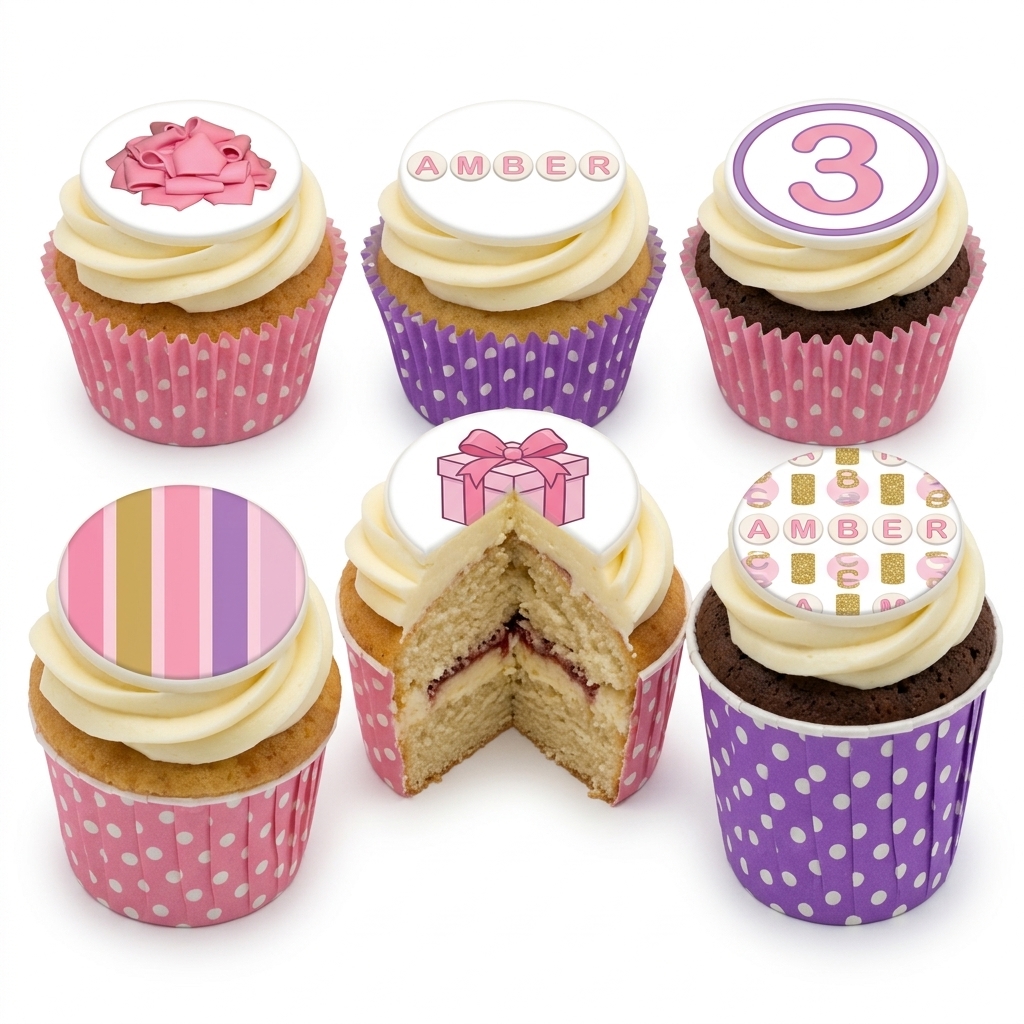 Pink & Purple Birthday Cupcakes with Custom Toppers