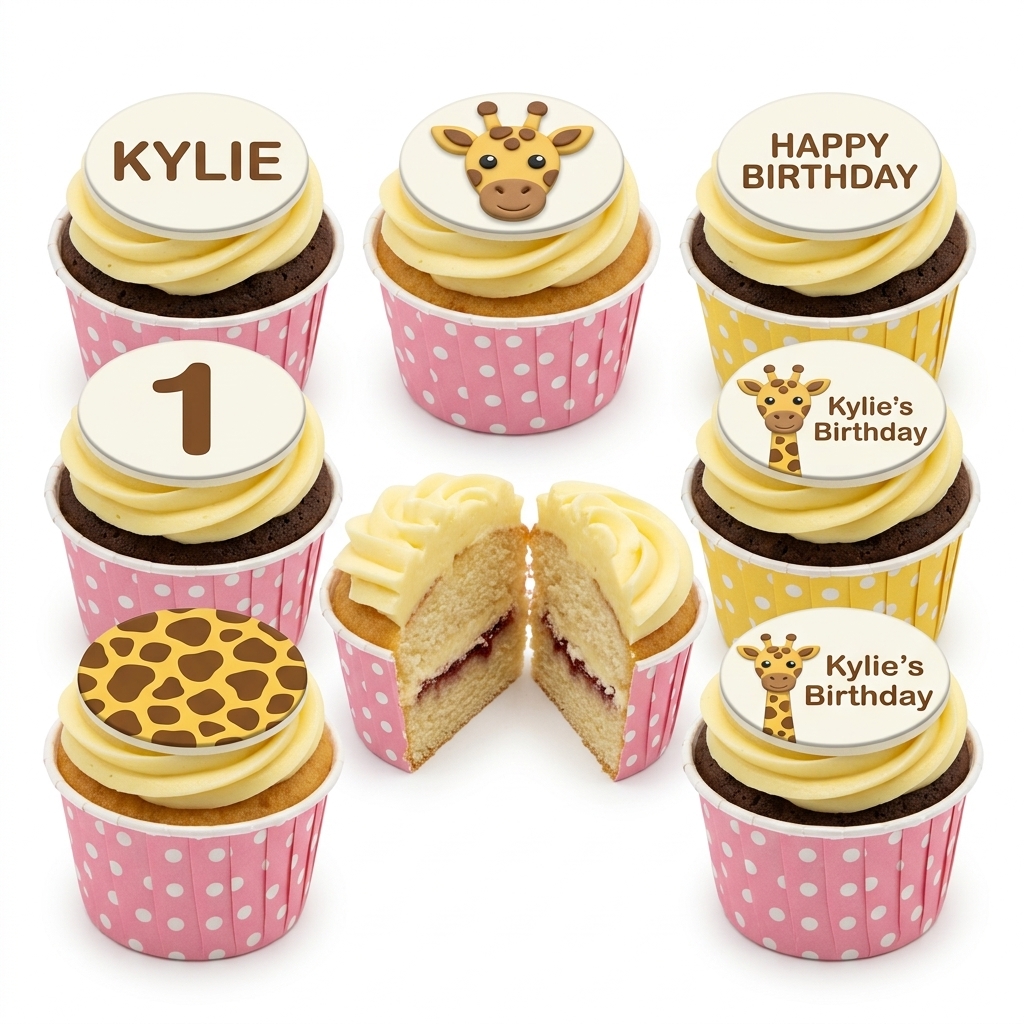 Giraffe Theme Birthday Cupcakes with Custom Toppers