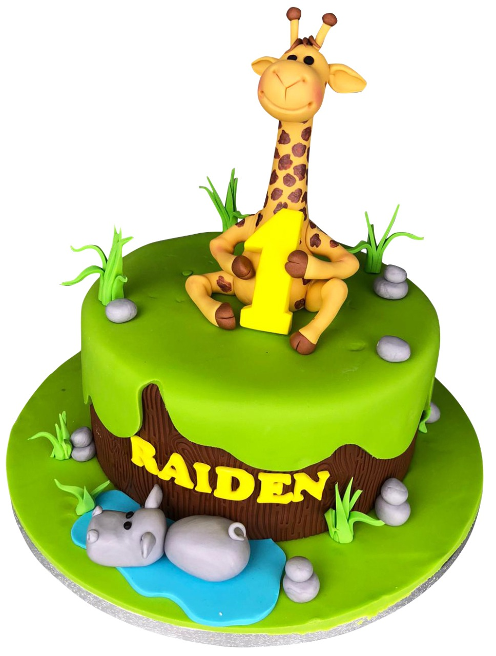 Giraffe Topped Jungle Theme Birthday Cake for Kids