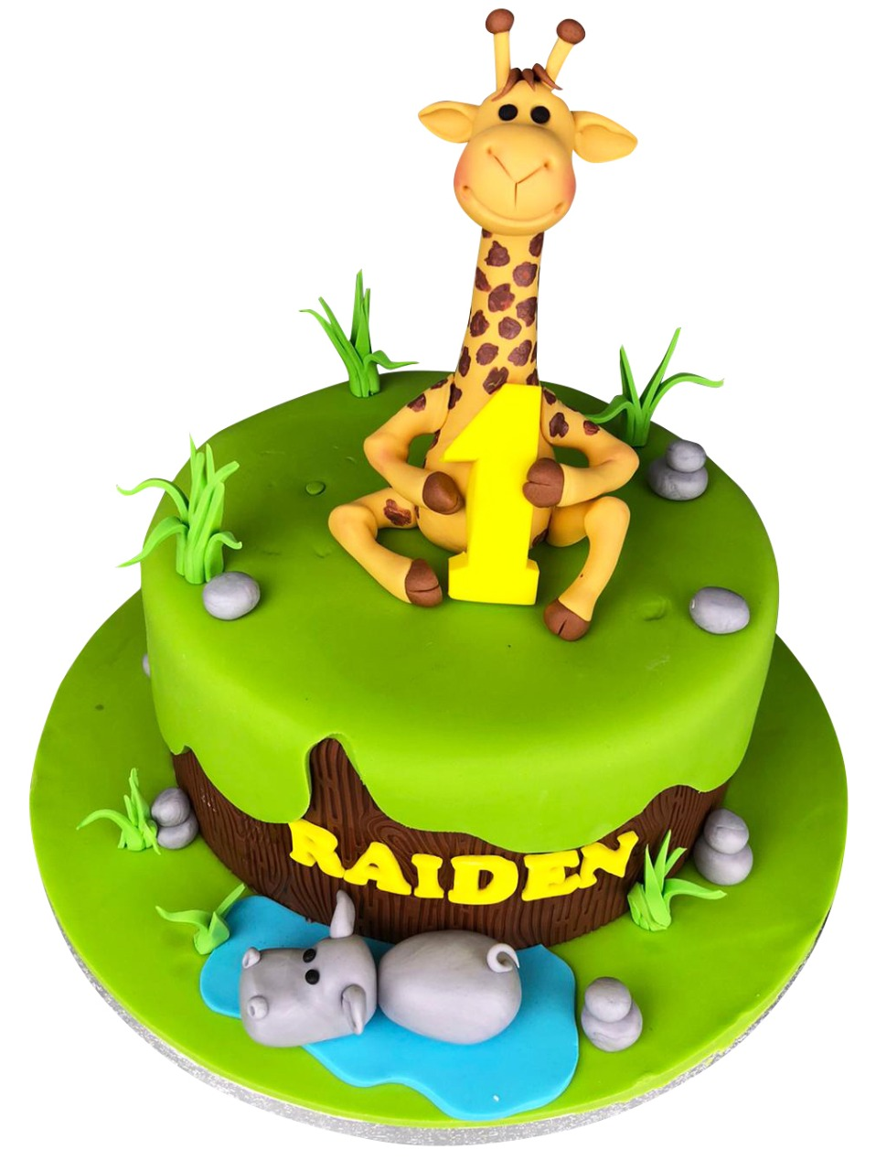 Giraffe Topped Jungle Theme Birthday Cake for Kids