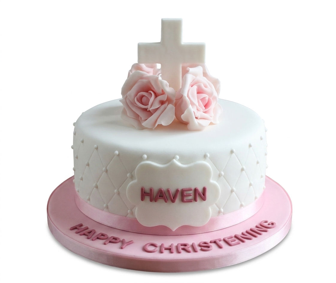 Personalised Christening Cake for Girls with Roses & Cross