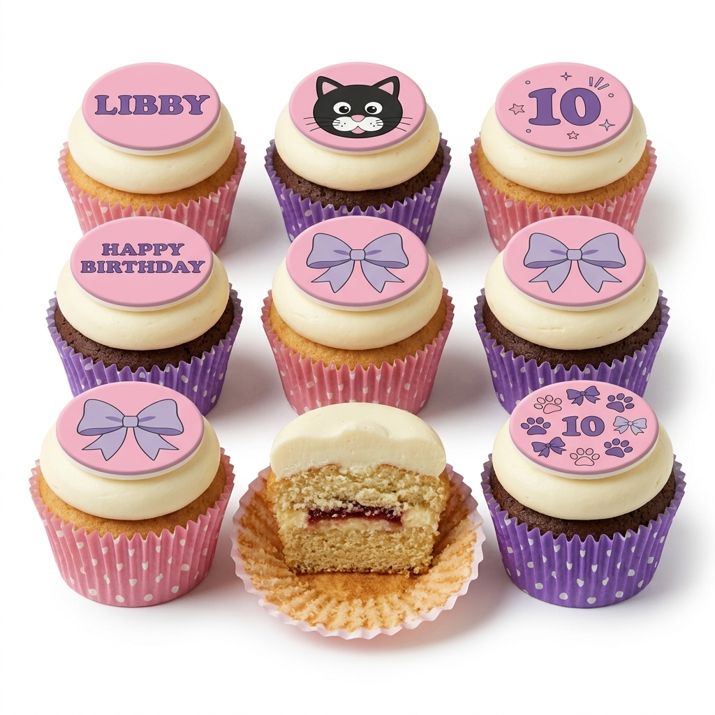 Girls Cat & Bow Birthday Cupcakes with Custom Age