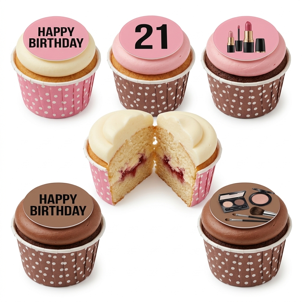 Makeup Theme Birthday Cupcakes for Her with Custom Age Topper