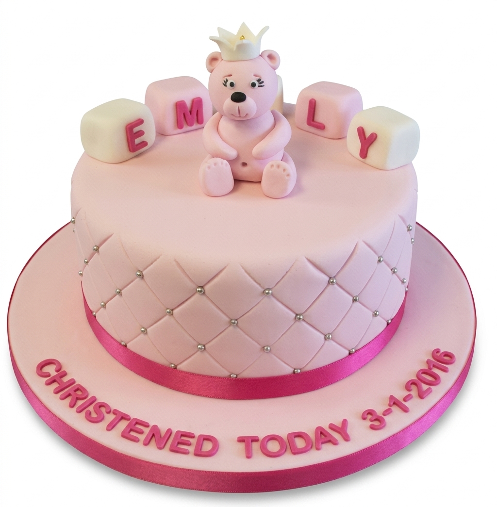 Pink Teddy Bear Baby Girl Christening Cake