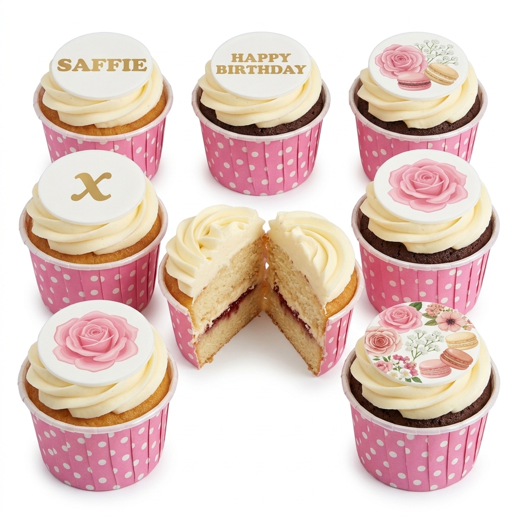Elegant Floral & Macaron Birthday Cupcakes
