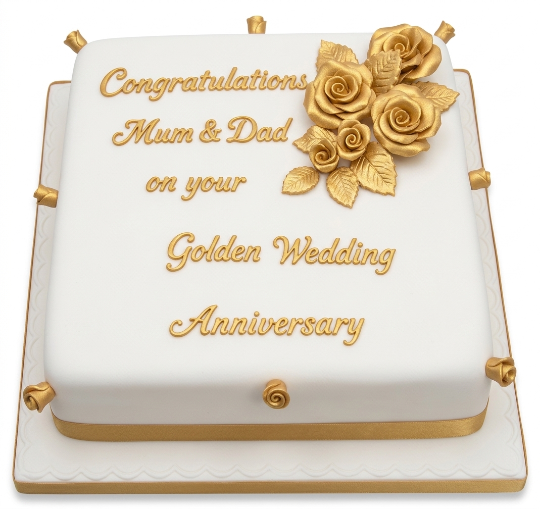 Golden Wedding Anniversary Cake with Gold Roses