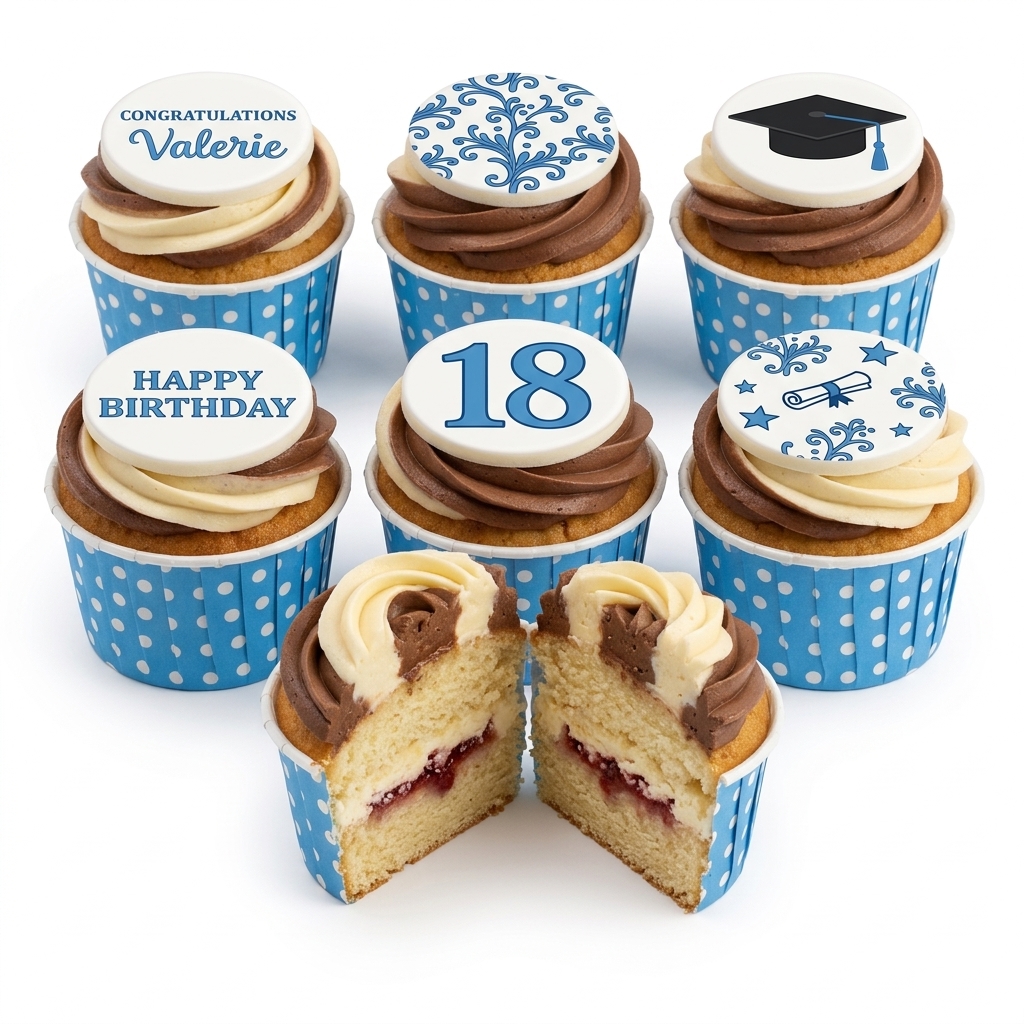 Blue & White Celebration Cupcakes with Custom Toppers