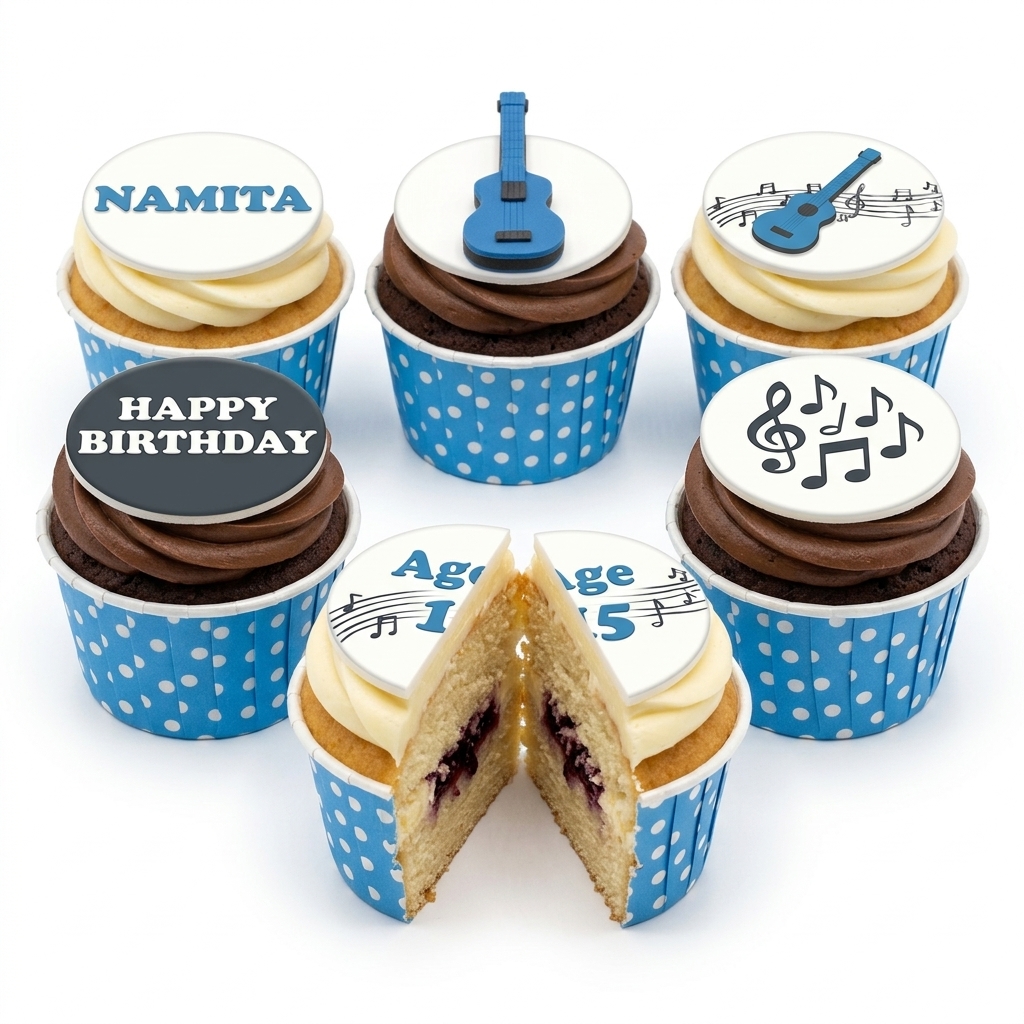 Personalised Music Birthday Cupcakes with Guitar Toppers