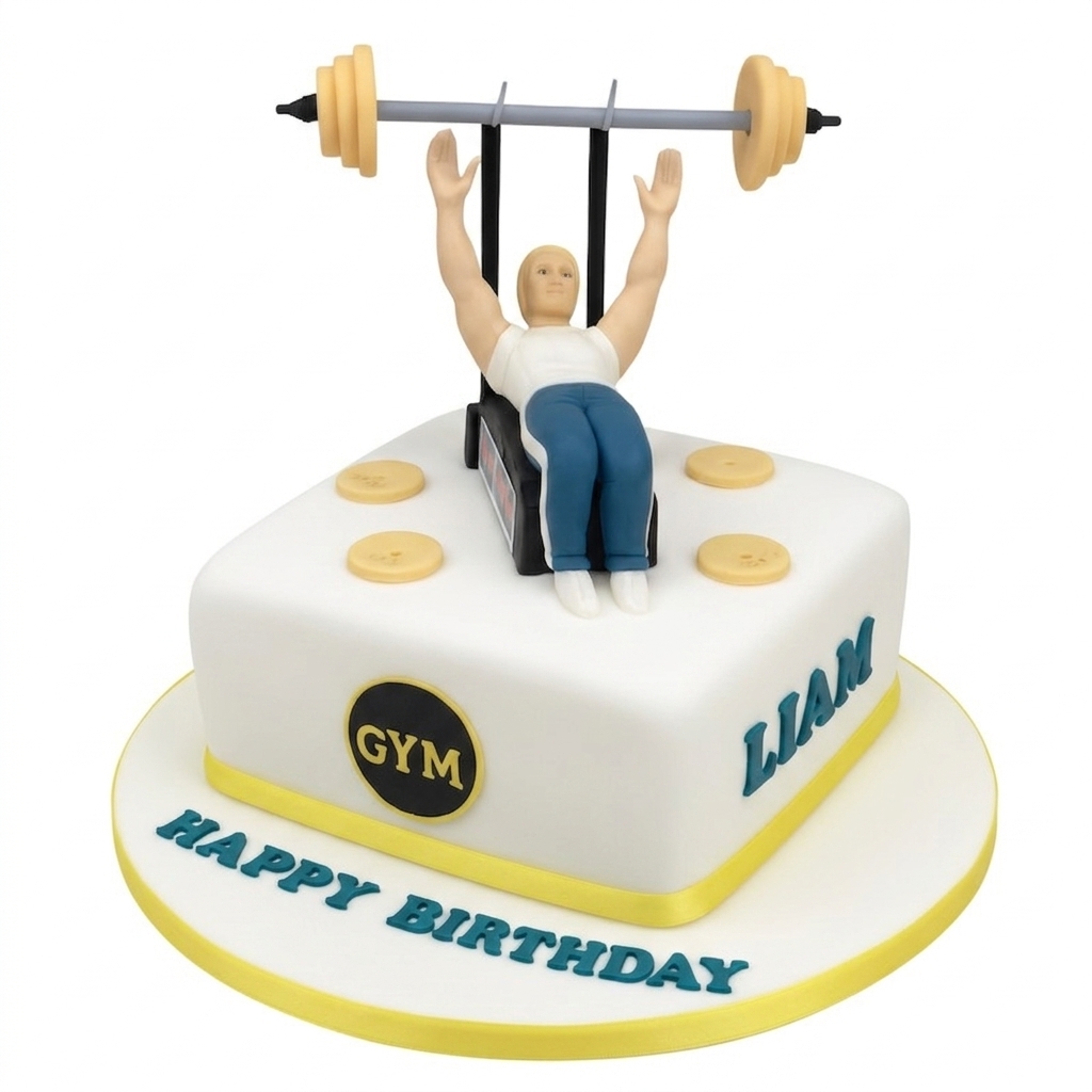 Gym Birthday Cake for Him with Weightlifter Topper