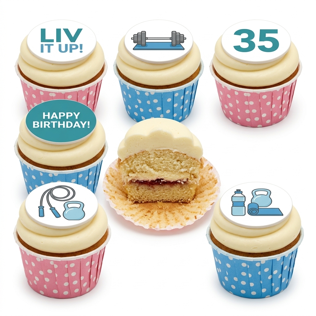 Gym Theme Birthday Cupcakes with Custom Age Topper