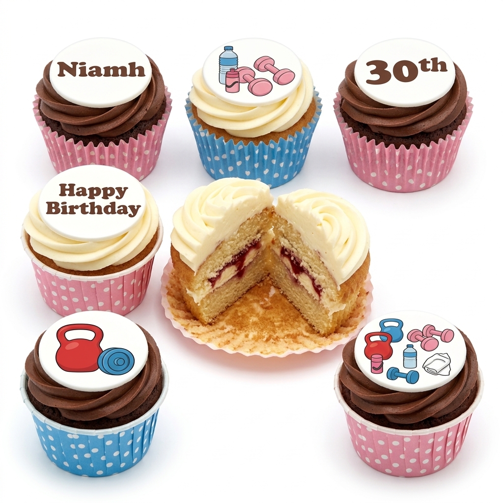 Fitness Theme Birthday Cupcakes with Custom Age Toppers