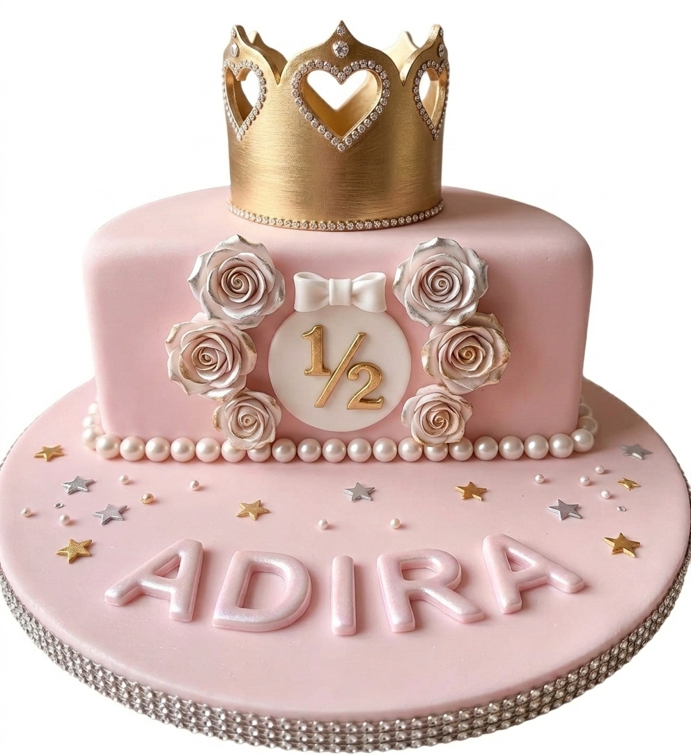 Princess Half Birthday Cake with Crown & Roses