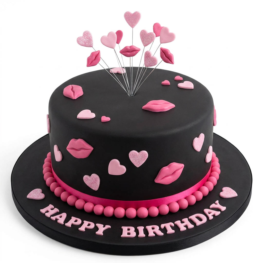 Black & Pink Lips & Hearts Birthday Cake for Her