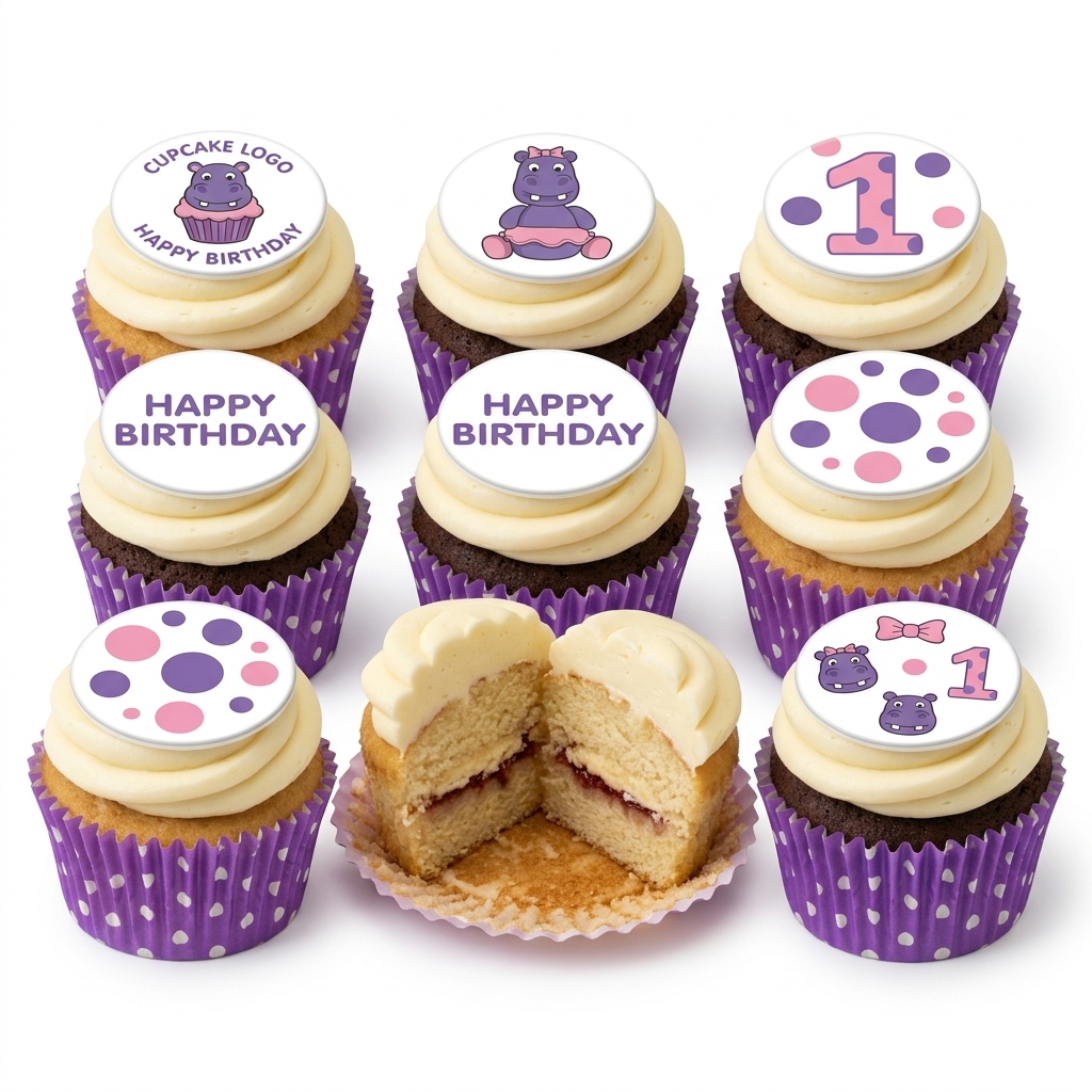 Baby Girl Hippo & Polka Dot Birthday Cupcakes