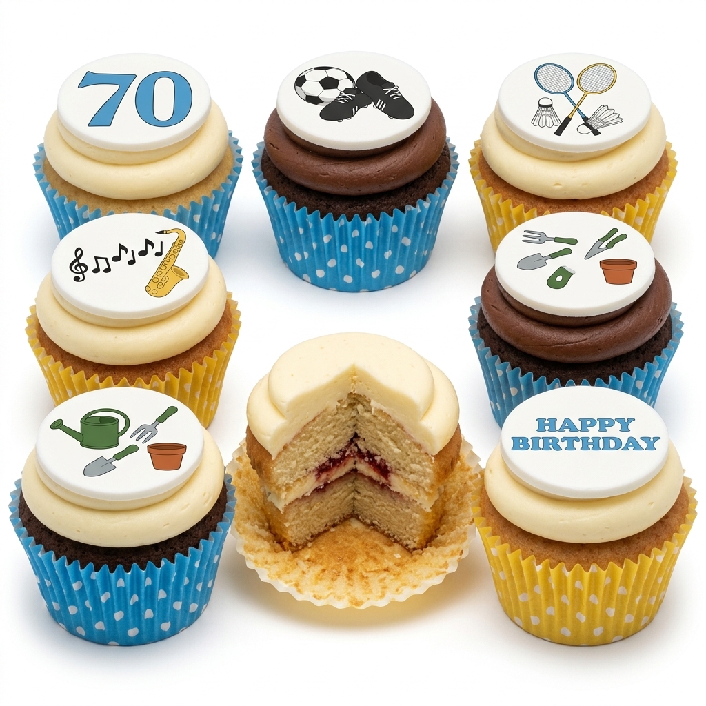 Hobbies Theme Birthday Cupcakes with Custom Age Topper
