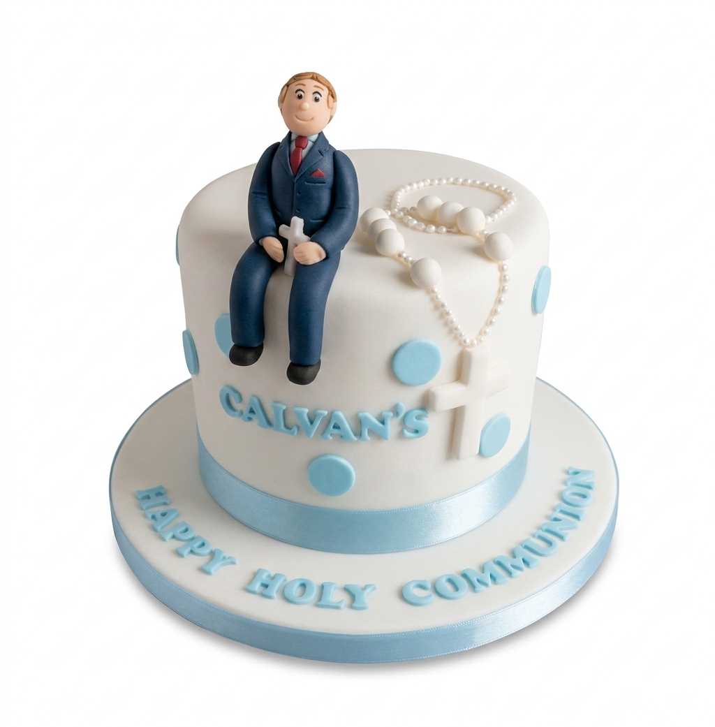 First Holy Communion Cake for Boys with Rosary & Figurine