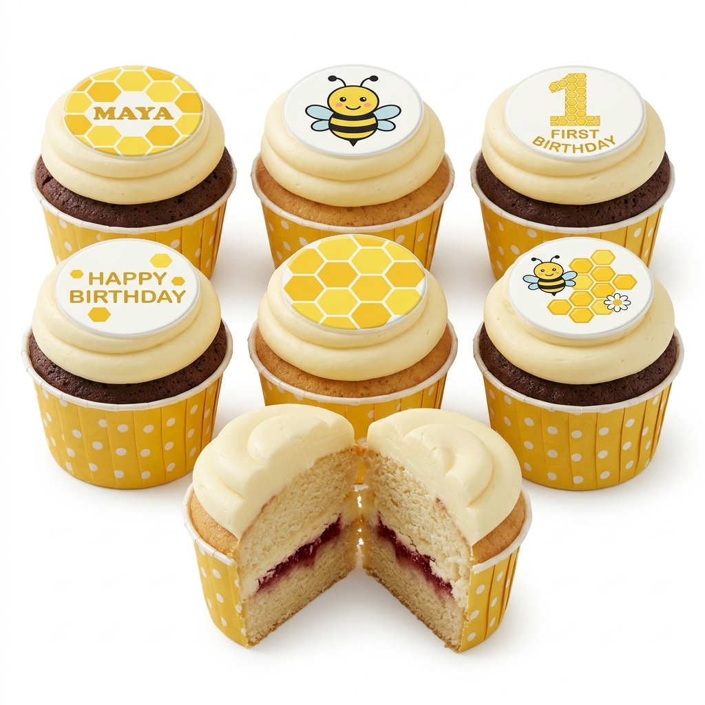 Bee Theme Birthday Cupcakes with Custom Toppers