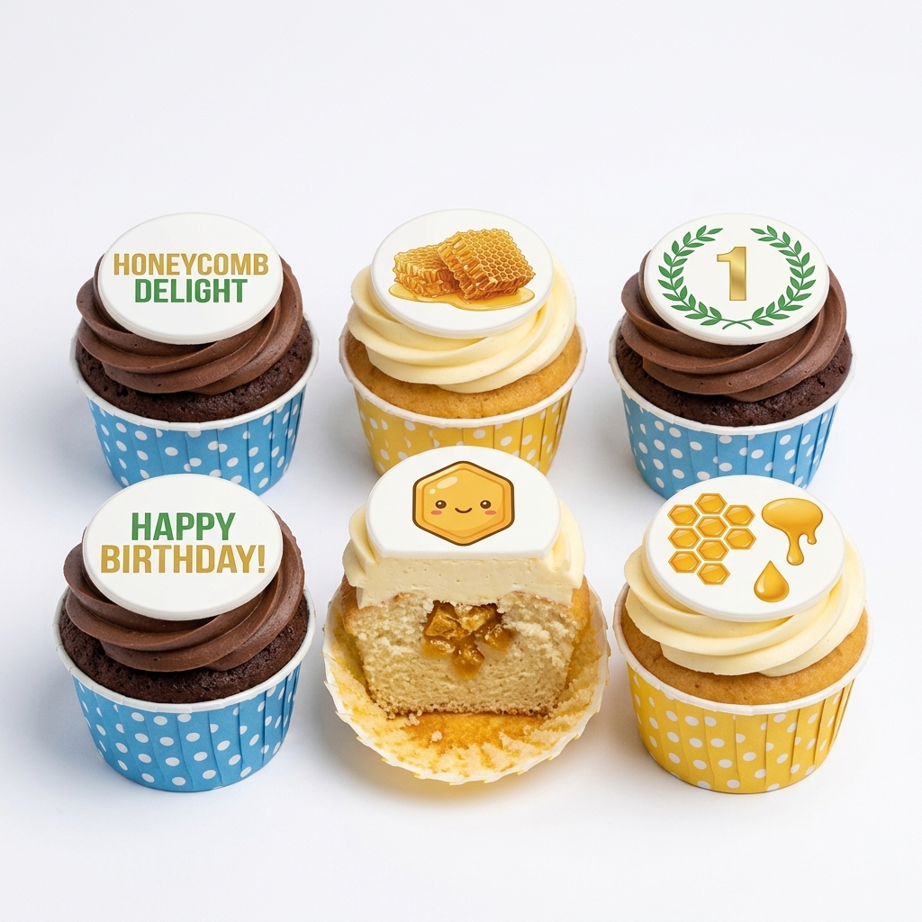 Honeycomb Birthday Cupcakes with Custom Toppers